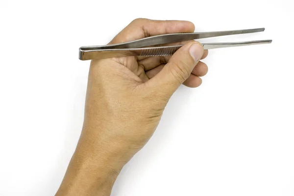 A male hand holding Tweezers, medical pinsetter, man hand  isola — Stock Photo, Image