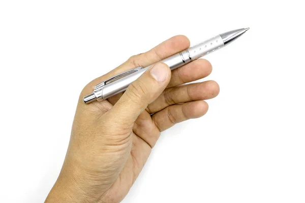 펜을 들고 있는 남성 손, 흰색 배경에 고립된 남자 손 — 스톡 사진