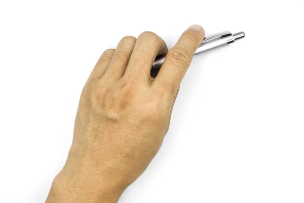 Una pluma de mano masculina, mano de hombre aislada sobre fondo blanco —  Fotos de Stock