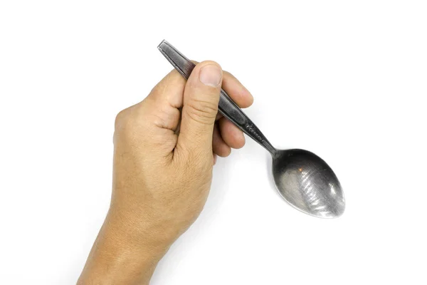 一个男性手拿着勺子，男人的手孤立在白色的后沟 — 图库照片