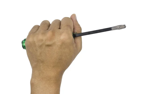 Αρσενικό χέρι που κρατάει πράσινο κατσαβίδι, άτομο απομονωμένο σε λευκό — Φωτογραφία Αρχείου