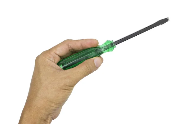 Male hand holding green screwdriver, man hand isolated on white — Stock Photo, Image