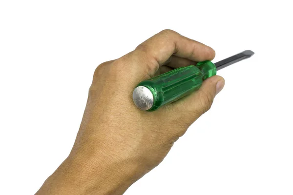 Male hand holding green screwdriver, man hand isolated on white — Stock Photo, Image