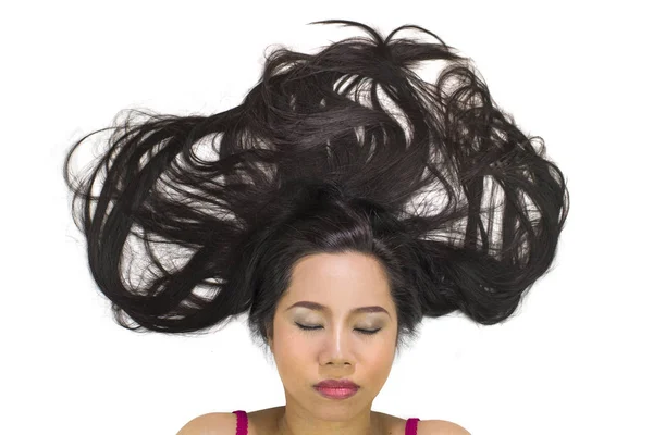 Closeup portrait of moody asian women  lying on ground with blac — Stock Photo, Image