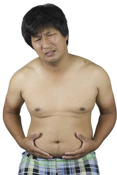 Gordo tocando su estómago, gordo con un gran vientre aislado —  Fotos de Stock