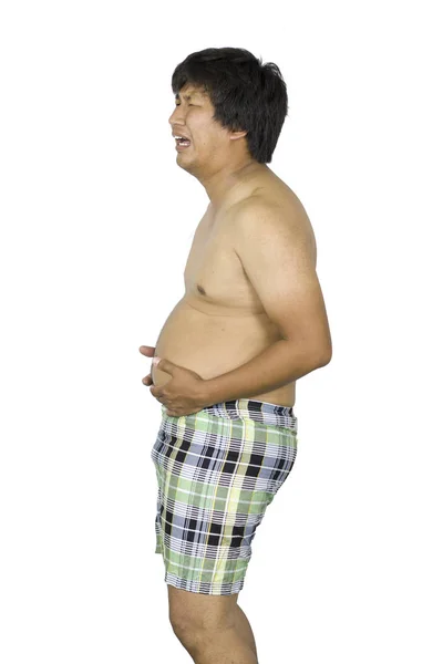 Gordo tocando su estómago, gordo con un gran vientre aislado — Foto de Stock