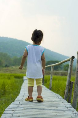 küçük bir çocuk pirinç tarlası yolda yürüyor,