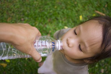 küçük çocuklar yeşil parkta şişeden su içme.
