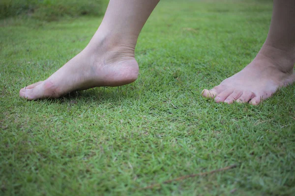 Passeggiata a piedi nudi della giovane donna sull'erba fresca e verde al sole — Foto Stock