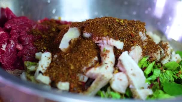 Salada de carne rara saudável fresca com ervas, comida tailandesa do norte . — Vídeo de Stock