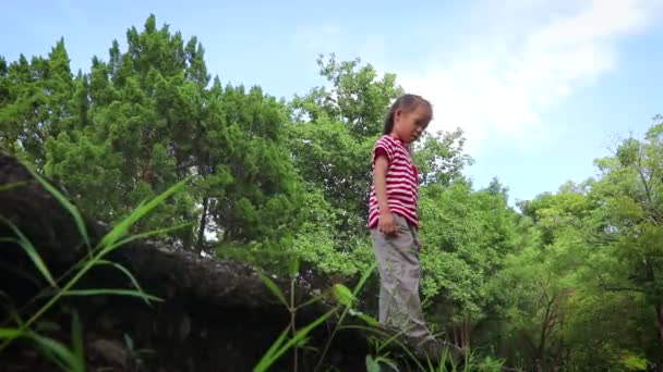 Les enfants courent et sautent par-dessus une mauvaise herbe pendant le ciel bleu en été. Sauter traverser le petit ruisseau . — Video
