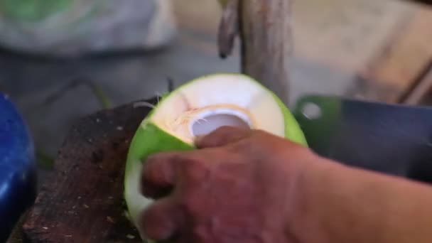 Retrato do homem descascando coco no mercado de comida de rua da Tailândia . — Vídeo de Stock