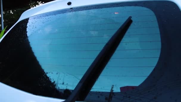 Auto voorruit met regendruppels en frameless ruitenwisser blad closeup — Stockvideo