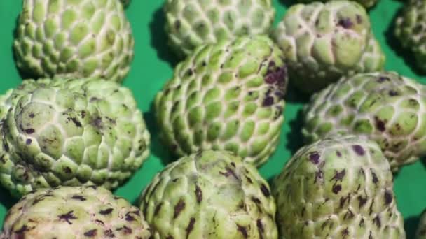 Nahaufnahme Gruppe frischer grüner Bio-Puddingapfel tropische Früchte (Zuckerapfel, Annona, Süßseife), frische süße Nährfrüchte. nachts Obstmarkt lamphun thailand. — Stockvideo