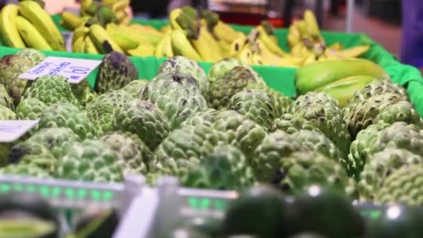 Gros plan groupe de fruits tropicaux verts frais biologiques à la crème anglaise (Sugar Apple, Annona, sweetsop), fruits nutritifs frais sucrés. au marché aux fruits de nuit Lamphun Thaïlande . — Video