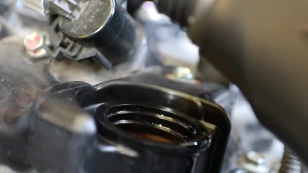 Ingeniero mecánico cambia aceite de motor en el motor para reparación y mantenimiento — Vídeos de Stock