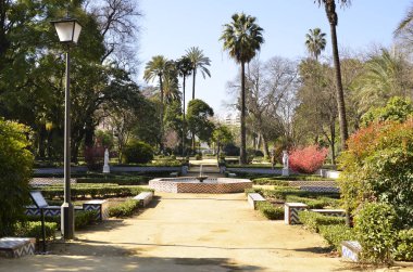 Marie-Louise Park Sevilla İspanya beyaz sütunlar ve bir çeşme ile bir gölün ortasında çardak ile çok güzel bir park