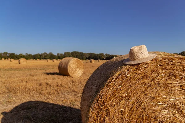 Cappello Paglia Una Balla Paglia Sullo Sfondo Campo Agricolo — Foto Stock