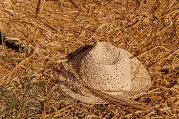 Солом Яний Капелюх Вухами Пшениці Фоні Пшеничної Соломи — стокове фото