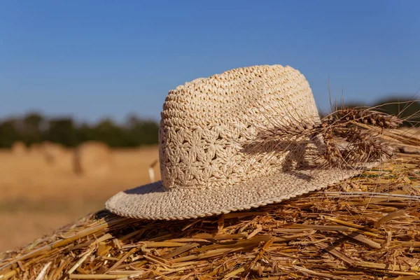 Straw Hat Ears Wheat Bale Background Agricultural Field — Stock Photo, Image