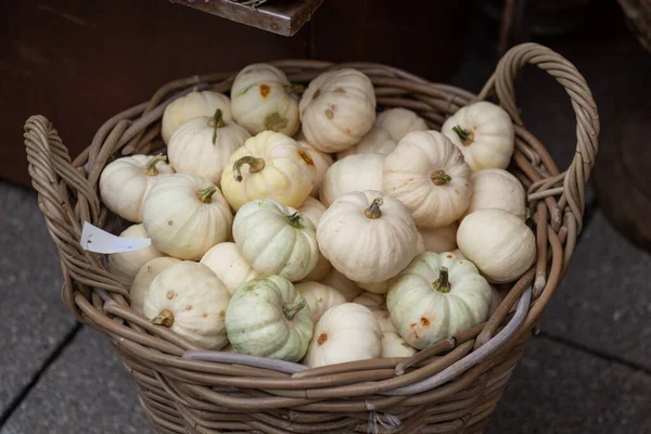 Små Dekorativa Vita Pumpor Nära Håll Korg — Stockfoto