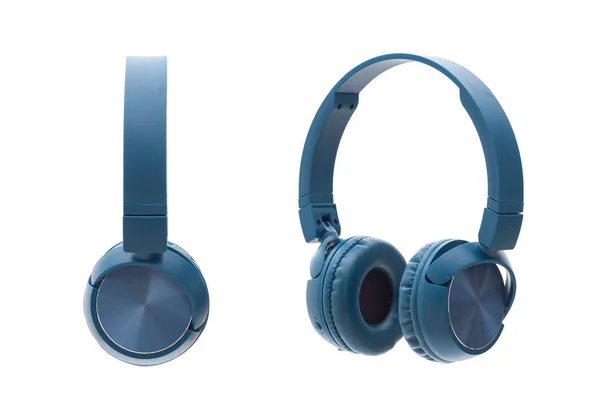Beyaz Zemin Üzerine Mavi Bluetooth Kulaklık Studio Paketi Ekipman Vurdu Stok Fotoğraf