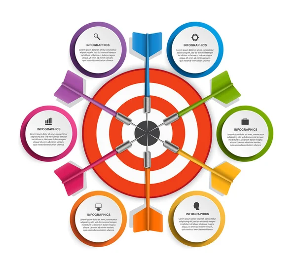 Plantilla Infografía Vectorial Con Seis Opciones Objetivo Con Dardo Para — Archivo Imágenes Vectoriales