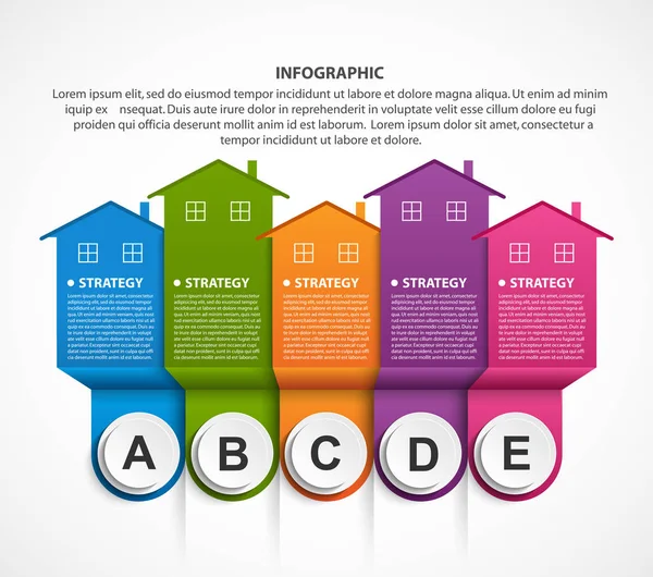 Infografiken Mit Bunten Häusern Für Die Präsentation Oder Werbebroschüren Vektorillustration — Stockvektor