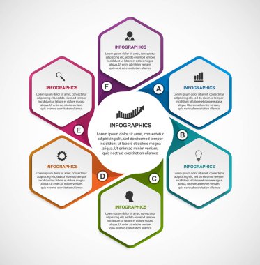 Altı köşe seçenekleri infographics, zaman çizelgesi, tasarım şablonu için iş sunumları veya bilgi başlığı.