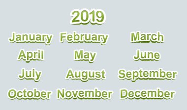 Yeşil ay ve metin 2019 adları ile kağıt etiketleri. Yılbaşı kartları, takvimler, arka planlar ve diğer tasarımları için.