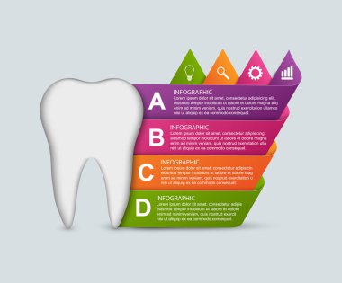Diş hekimliği ya da tıp bilgisi. Sunumlar ya da bilgi kitapçığı için 4 seçenekli beyaz diş. Vektör illüstrasyonu.