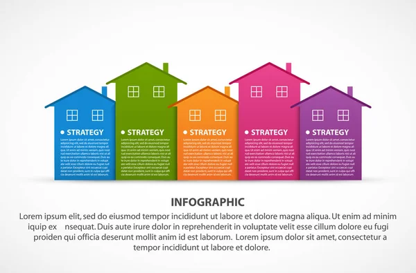 Infographies Avec Des Maisons Colorées Pour Présentation Les Brochures Publicitaires — Image vectorielle