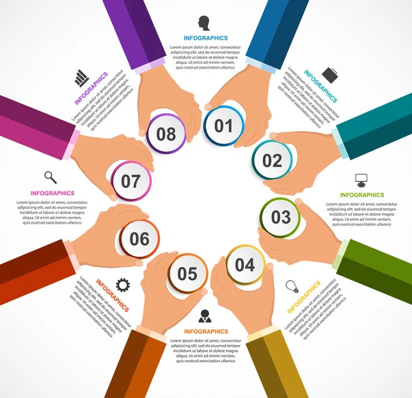 Plantilla de diseño infográfico. Manos humanas sosteniendo las pancartas del círculo. Ilustración vectorial . — Archivo Imágenes Vectoriales