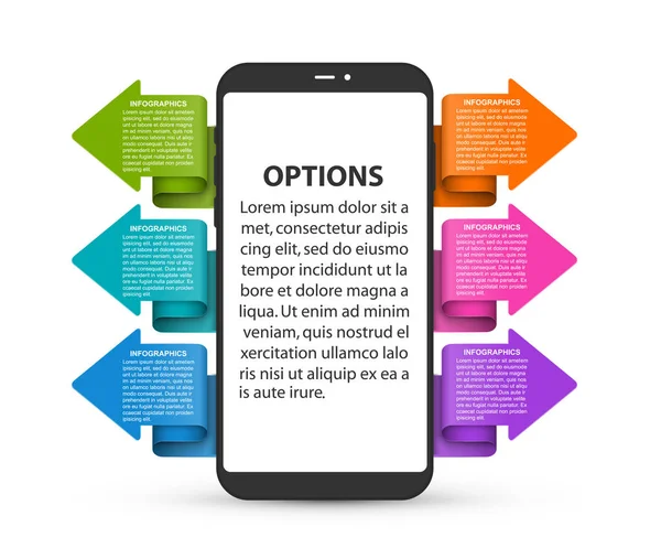 Infographie modèle qui représente un téléphone mobile avec des flèches colorées. Illustration vectorielle . — Image vectorielle