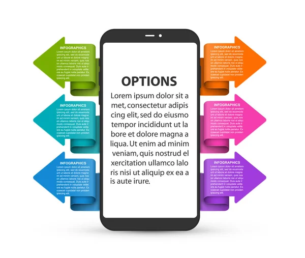 Template infographics which depicts a mobile phone with colorful arrows. Vector illustration. — Stock Vector