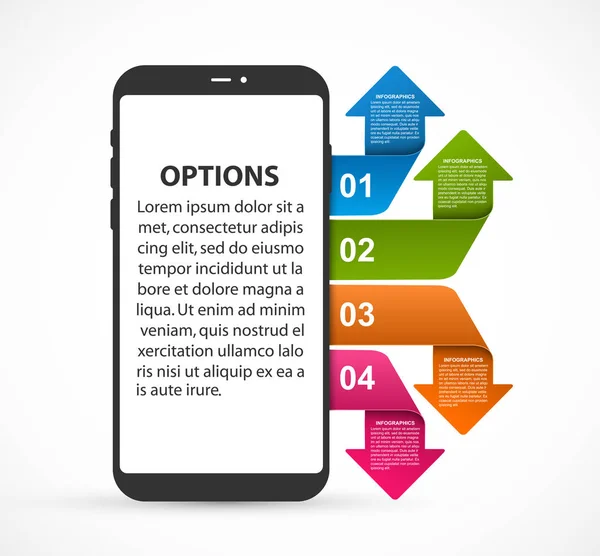 Infografías de plantillas que representan un teléfono móvil con flechas de colores. Ilustración vectorial . — Vector de stock