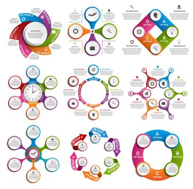 Koleksiyon infographics. Vektör tasarım öğeleri. İş sunumları veya bilgi başlığı, iş akışı düzen, akış şeması için Infographics.