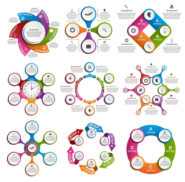 Coleção de infográficos. Elementos de design vetorial. Infográficos para apresentações de negócios ou banner de informações, layout de fluxo de trabalho, fluxograma . — Vetor de Stock