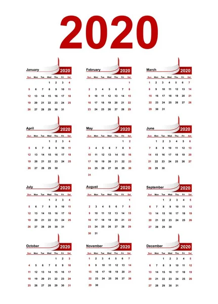 Vektorkalender mit gerollten Bändern 2020 Jahr. — Stockvektor