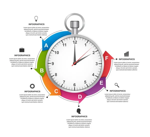 Πρότυπο Σχεδίασης Infographics Χρονόμετρο Ένα Κυκλικό Βέλος Και Ρολόι Μέσα — Διανυσματικό Αρχείο