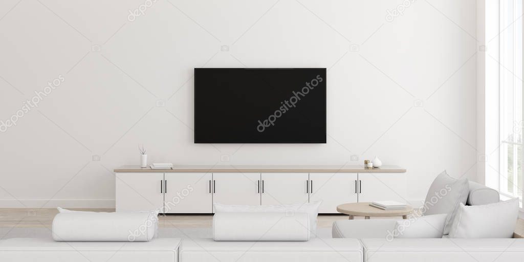 View of white living room in minimal style with furniture on bright laminate floor.Interior design with TV and cabinet.on white wall, 3d rendering.