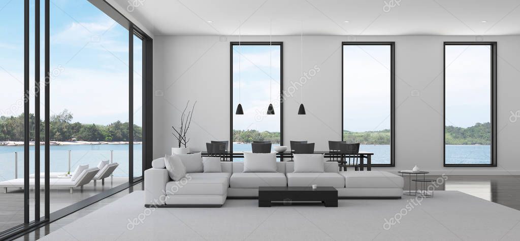 View of white living room in minimal style with black and white furniture on dark laminate floor.Interior design with TV and sofa set on sea background. 3d rendering.