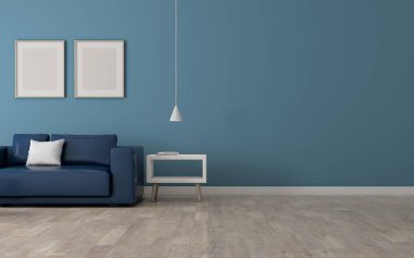 Laminat zeminüzerinde kanepe ve mobilya ile minimal tarzda oturma odası görünümü. Minimal tasarım mimarisiperspektifi. 3d render.