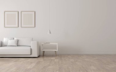 Laminat zeminüzerinde kanepe ve mobilya ile minimal tarzda oturma odası görünümü. Minimal tasarım mimarisiperspektifi. 3d render.