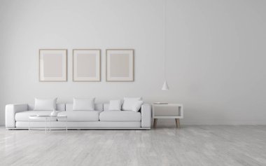 Laminat zemin üzerinde kanepe ve mobilya ile minimal tarzda beyaz oturma odası görünümü. Minimal tasarım mimarisiperspektifi. Duvardaki resim çerçevesi. 3d render.