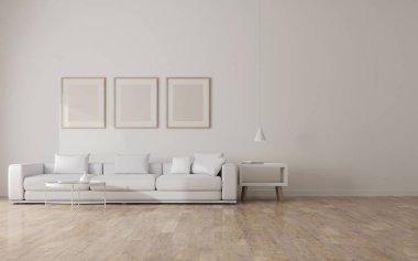Laminat zemin üzerinde kanepe ve mobilya ile minimal tarzda beyaz oturma odası görünümü. Minimal tasarım mimarisiperspektifi. Duvardaki resim çerçevesi. 3d render.