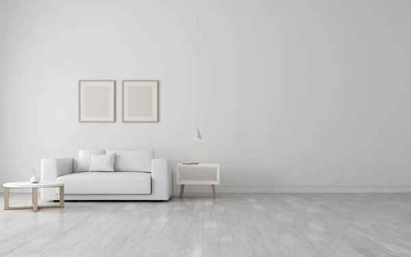 Uitzicht Witte Woonkamer Een Minimalistische Stijl Met Een Bank Meubels — Stockfoto