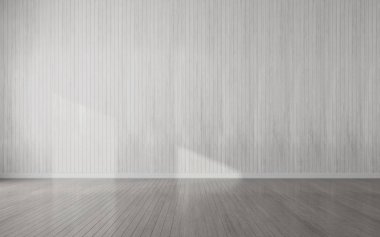 Laminat duvar ve tahta zemin üzerinde güneş ışığı döküm gölge ile ahşap boş oda 3d görüntü teşvik, Minimal mimari perspektif. 3d render