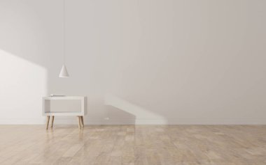 Ahşap duvar ve laminat zemin üzerinde küçük beyaz masa ve asılı lamba ile oturma odası alanı görünümü. Minimal İç tasarım perspektifi. 3d render.