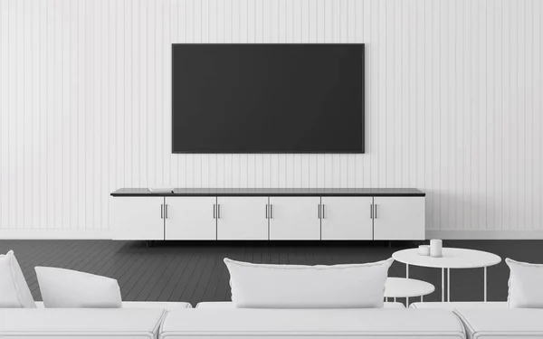 View of living room in minimal style with television and cabinet on wood wall and laminate floor. 3d rendering.